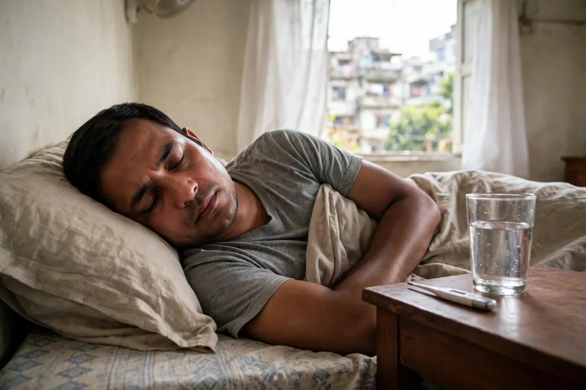 জ্বরে ভুগছেন এমন একজন মানুষ বিশ্রাম নিচ্ছেন